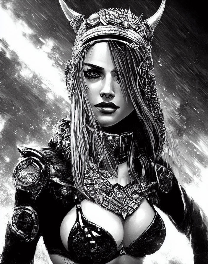 Monochrome Artwork: Woman in Horned Helmet and Armor in Snowy Setting