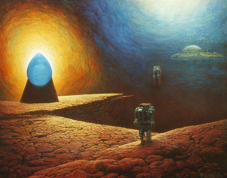 Surreal landscape with glowing orb, pyramid, robotic structures, cracked ground