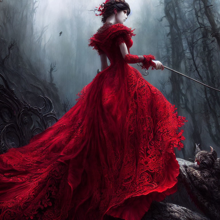 Woman in Red Gown Wielding Sword in Dark Forest