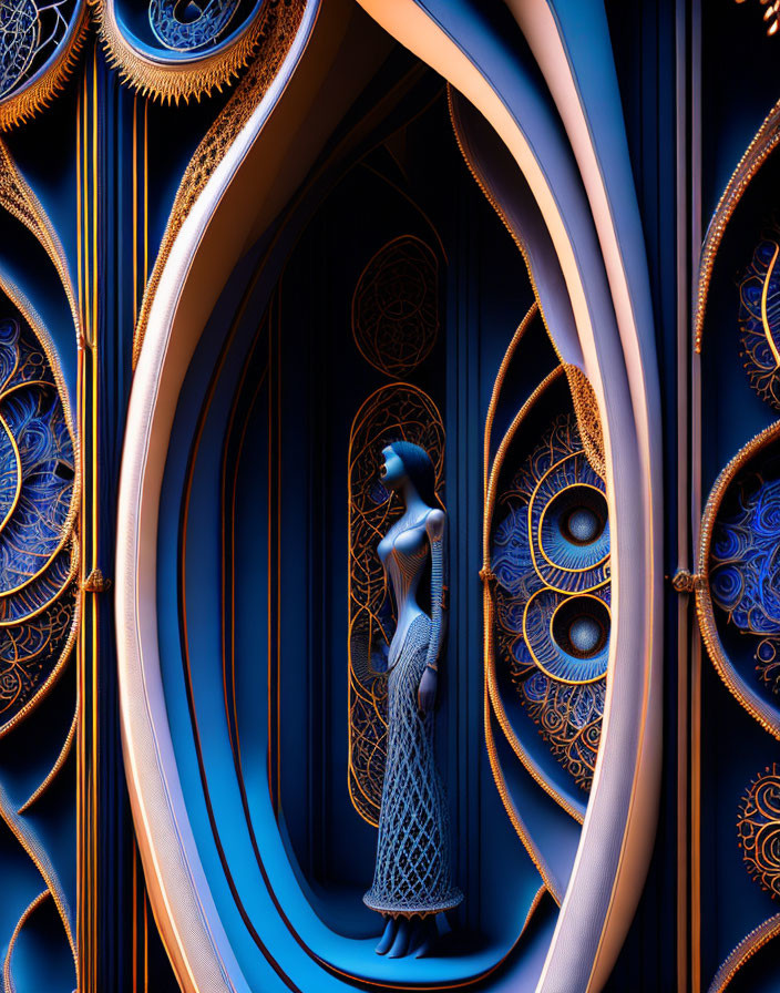 Silhouette of woman in futuristic blue and gold ornate patterns