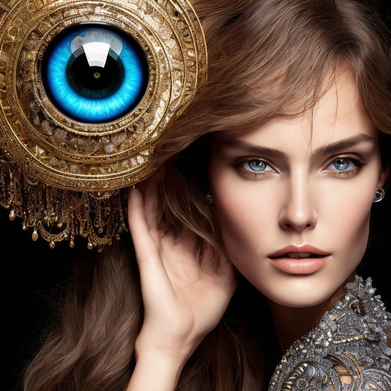 Woman with one normal eye and one blue mechanical aperture eye on dark background.