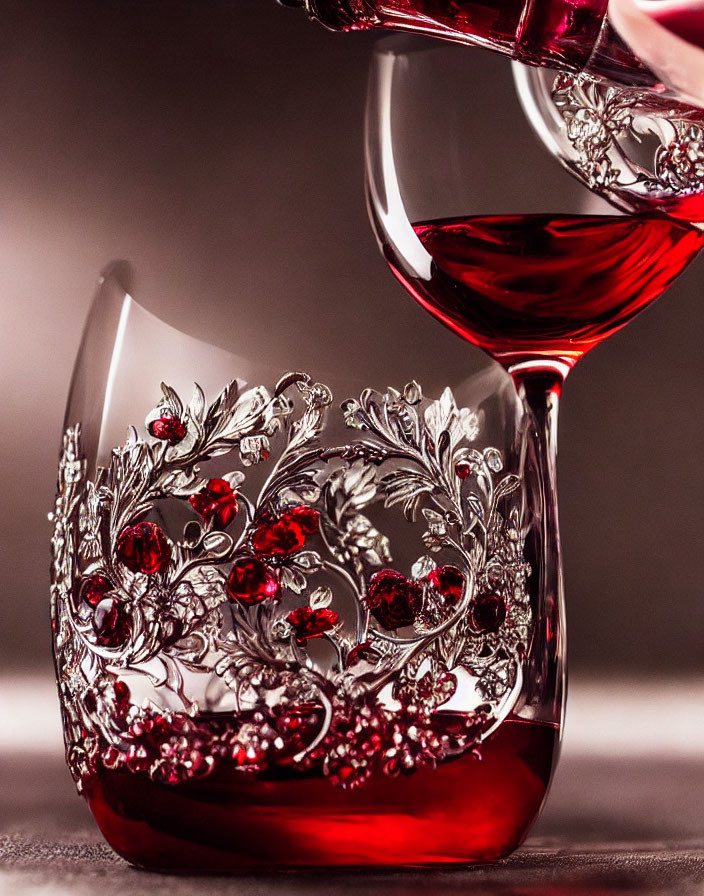 Decorative glass with floral etchings and red wine next to tilted decanter