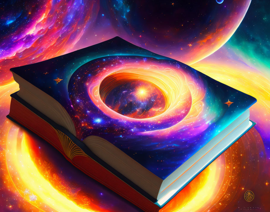 Colorful Digital Artwork: Open Book with Cosmic Illustrations