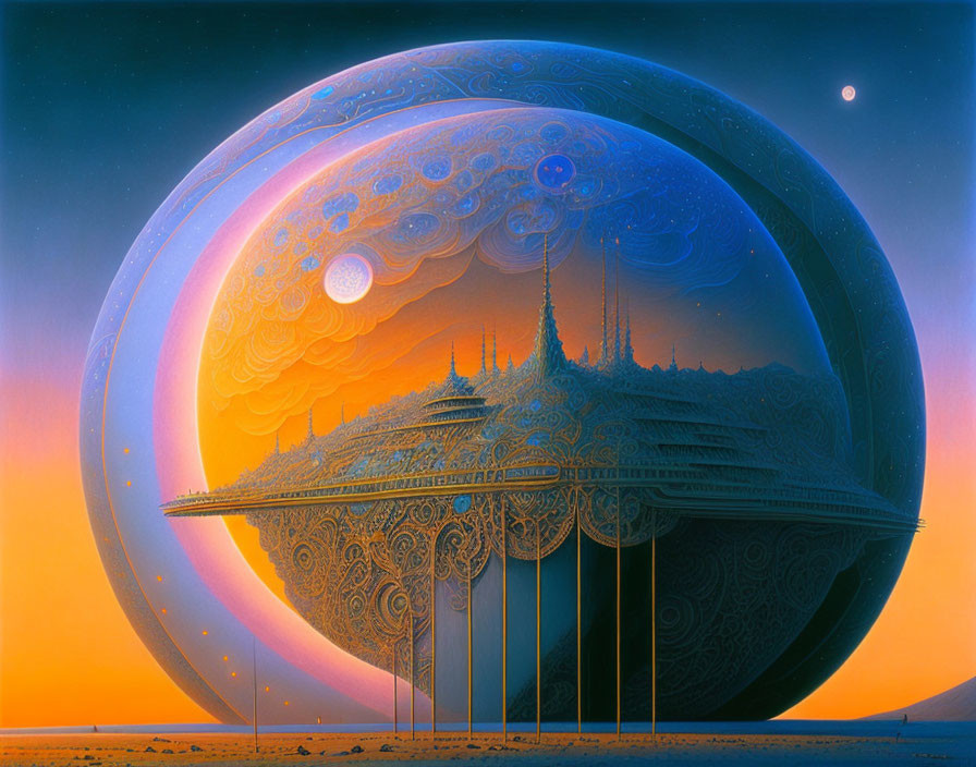 Ornate futuristic cityscape under massive planet and starry sky