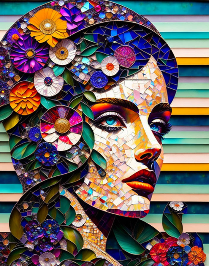 Colorful Mosaic Artwork of Woman with Flowers and Geometric Patterns