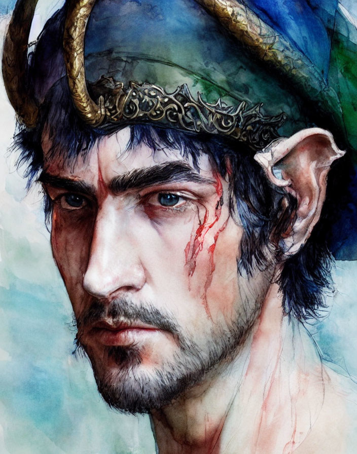 Detailed Watercolor Illustration of Stern Male with Elfin Ear and Crown