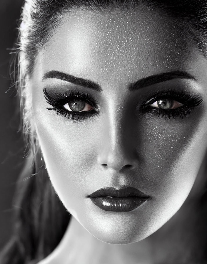 Monochrome close-up portrait of a woman with bold makeup