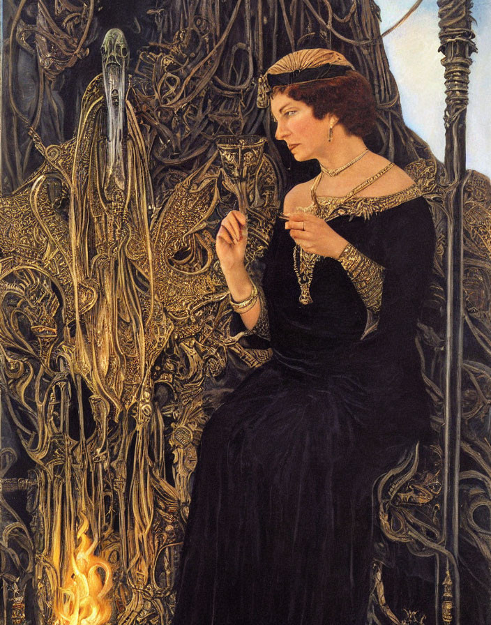 Medieval woman with scepter next to ornate throne and flames