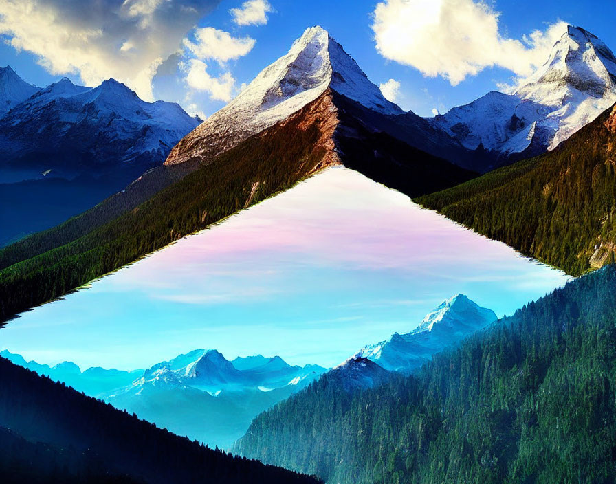 Tranquil lake with snow-capped mountain peaks at dusk