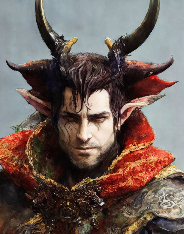 Fantasy male character with horns and ornate armor on blue background