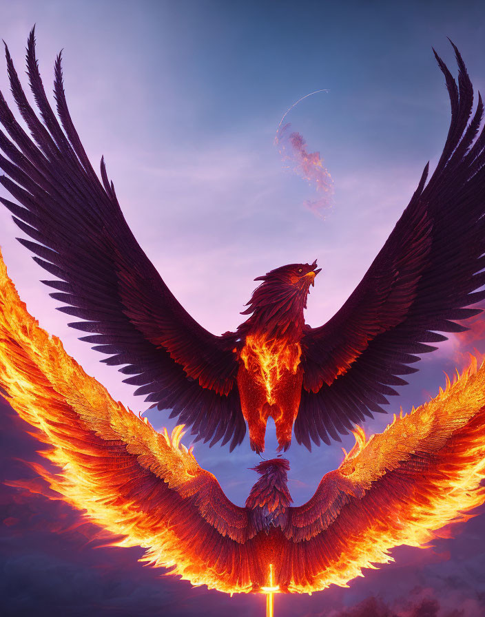 Majestic phoenix flying in twilight sky with fiery wings