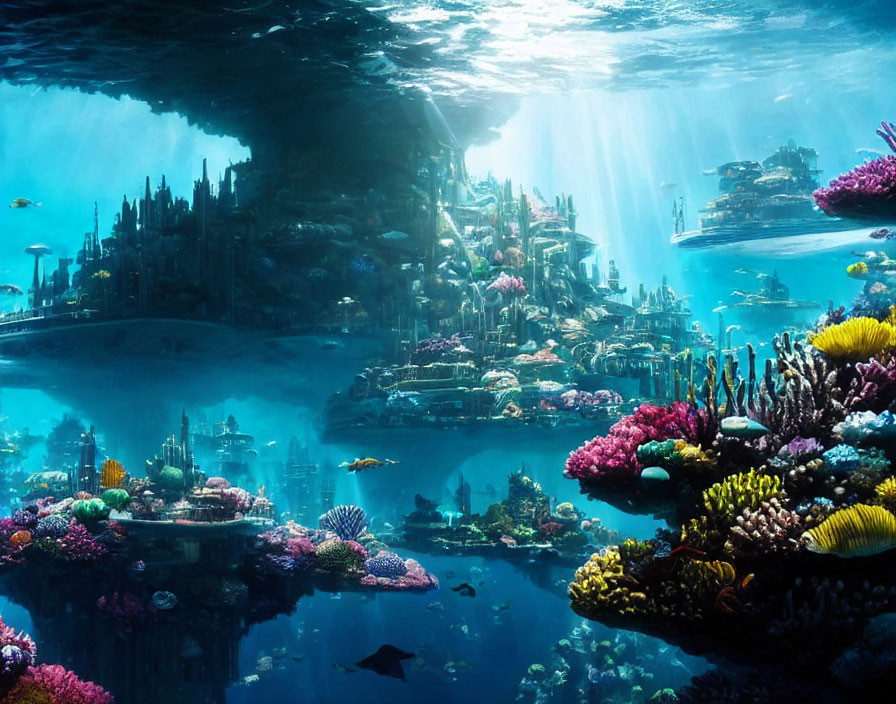 Futuristic underwater city with colorful coral reefs and fish