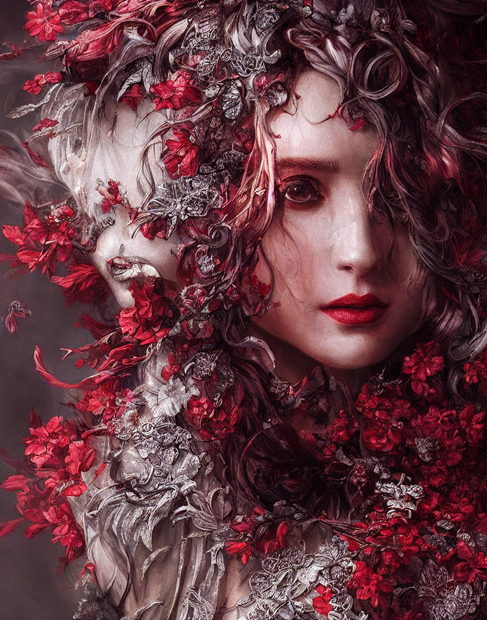 Person adorned with vivid red flower hair design and mystical ambiance