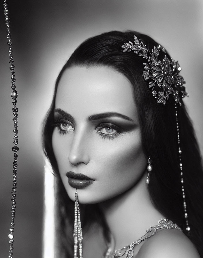 Monochrome portrait of woman with decorative headpiece and intense gaze