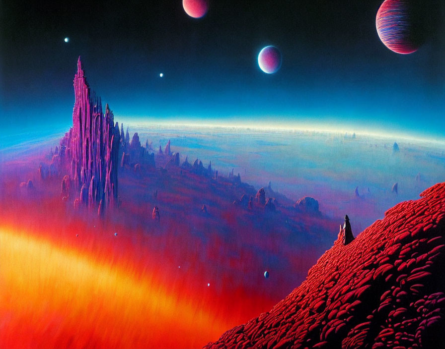 Colorful Sci-Fi Landscape with Rock Formation and Figure under Multiple Moons