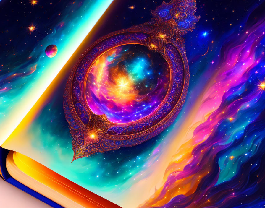 Colorful cosmic illustration: open book with swirling galaxy, fiery nebula to blue space.