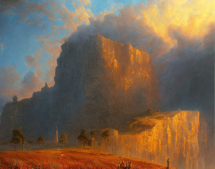 Majestic cliff landscape with golden sunlight, waterfalls, and trees