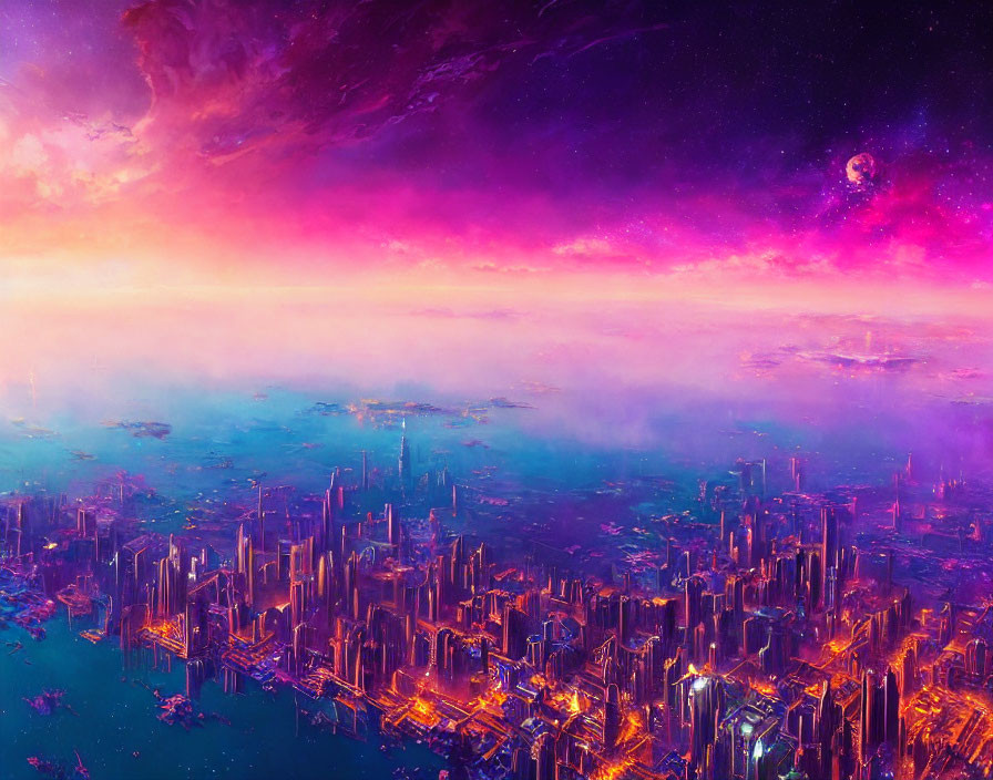 Vibrant purple and pink futuristic cityscape at dusk