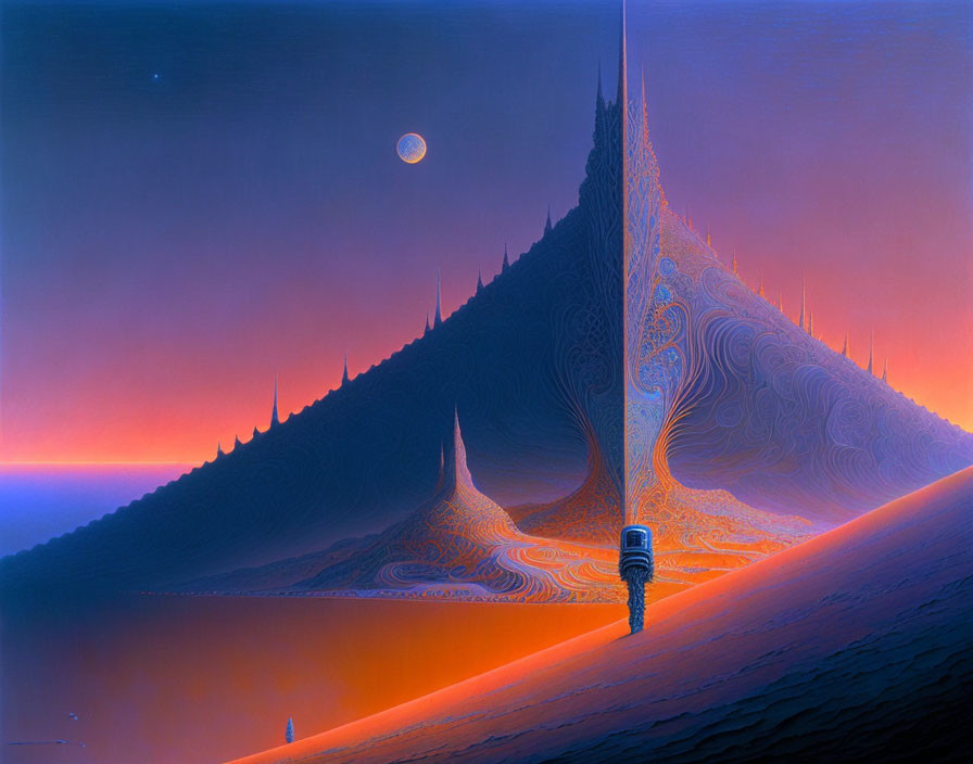 Surreal landscape with towering spire and small figure in foreground