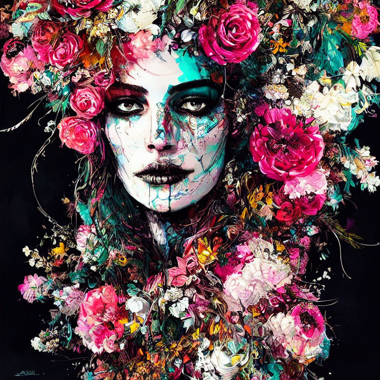 Colorful Flower Headdress Portrait on Dark Background