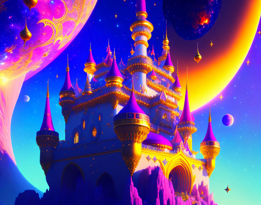 Fantasy castle with golden spires in cosmic galaxy.