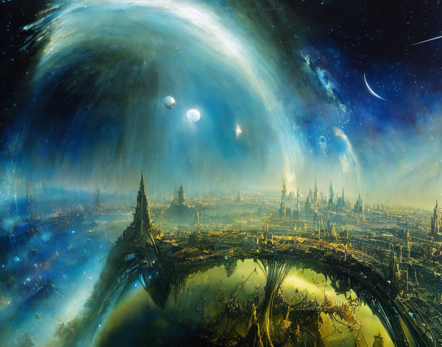 Futuristic sci-fi landscape with cosmic dome, planets, stars, and nebula