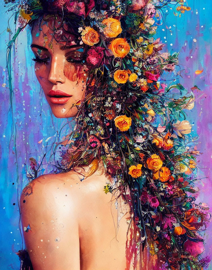 Colorful flower-adorned woman against blue splattered background