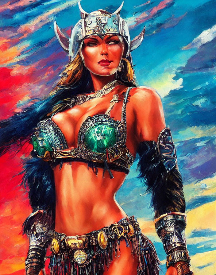 Colorful Warrior Woman in Fantasy Armor with Horned Helmet Against Abstract Background