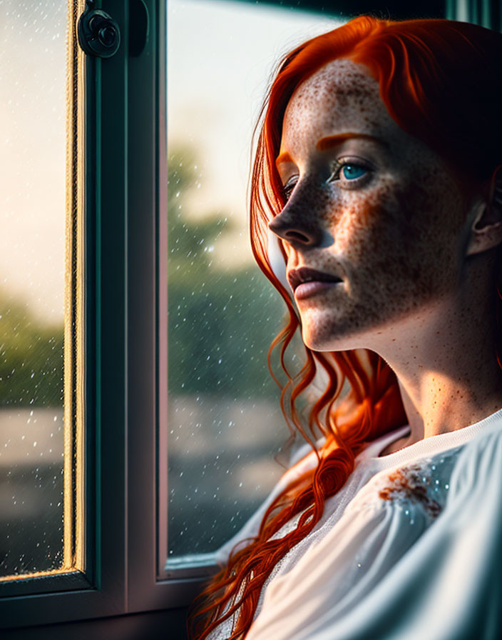 Red-haired woman with freckles gazing out rain-splattered window in sunlight