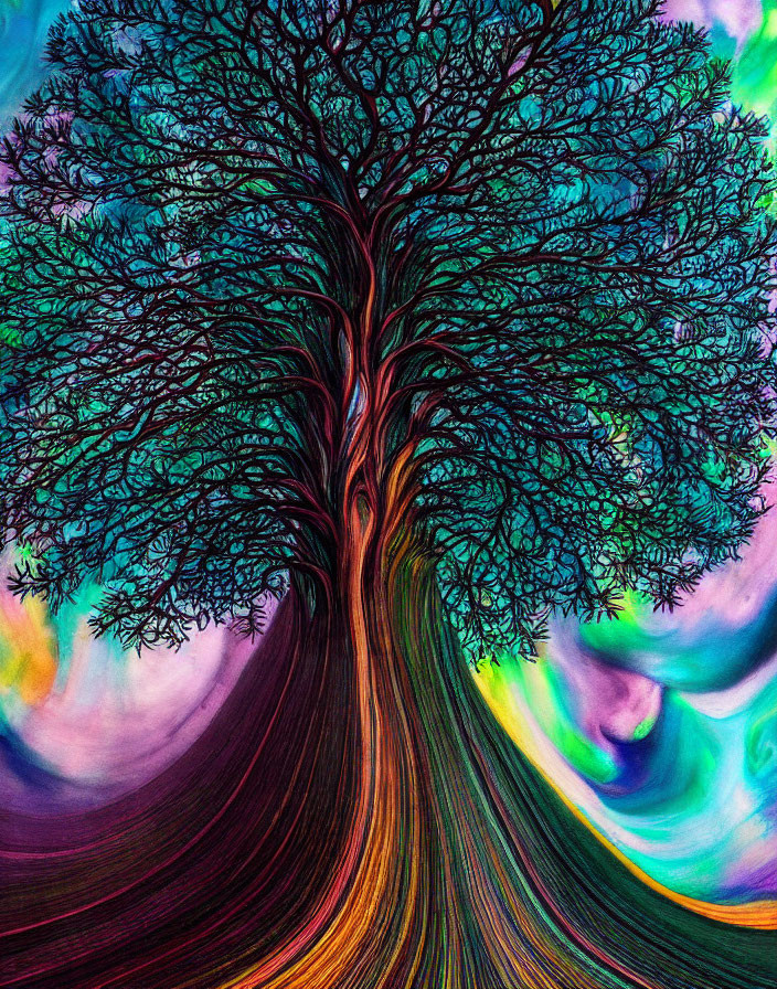 Colorful Tree Artwork Against Swirling Psychedelic Background