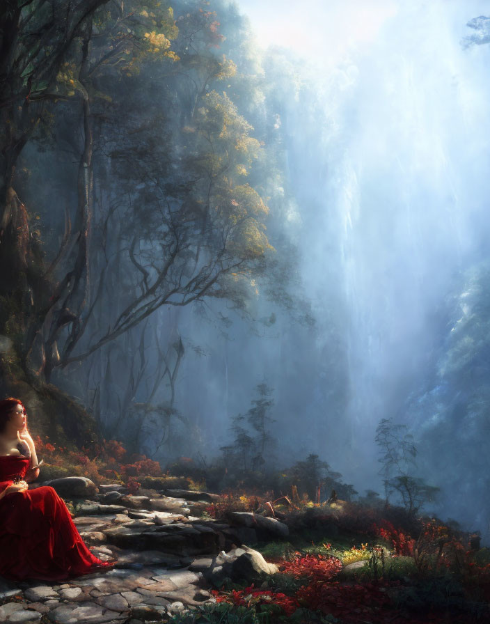 Woman in Red Dress by Forest Waterfall and Sunlight