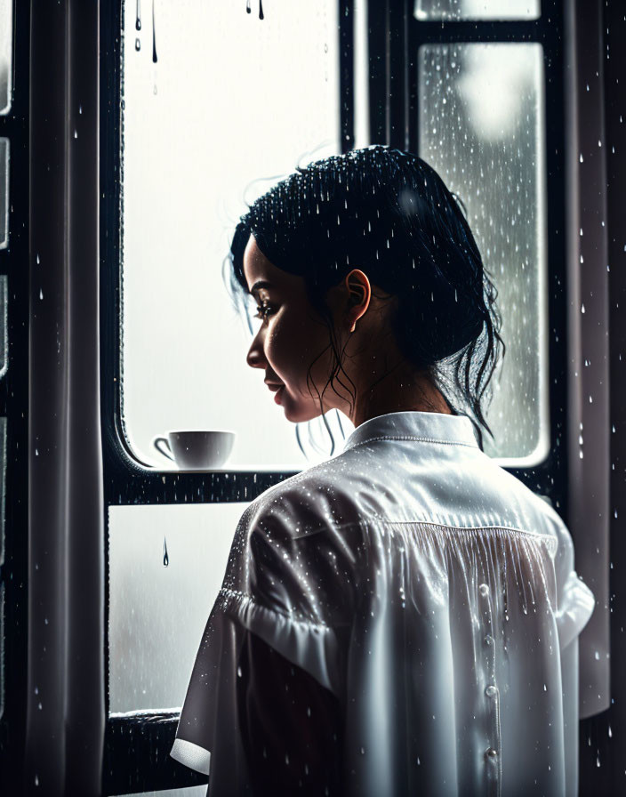 Woman in white robe looking out rain-spattered window with cup on sill