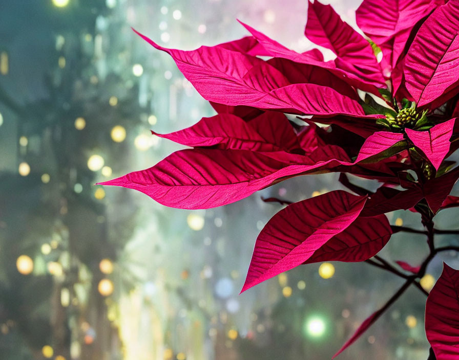 Pink Poinsettia Plant Against Festive Bokeh Background