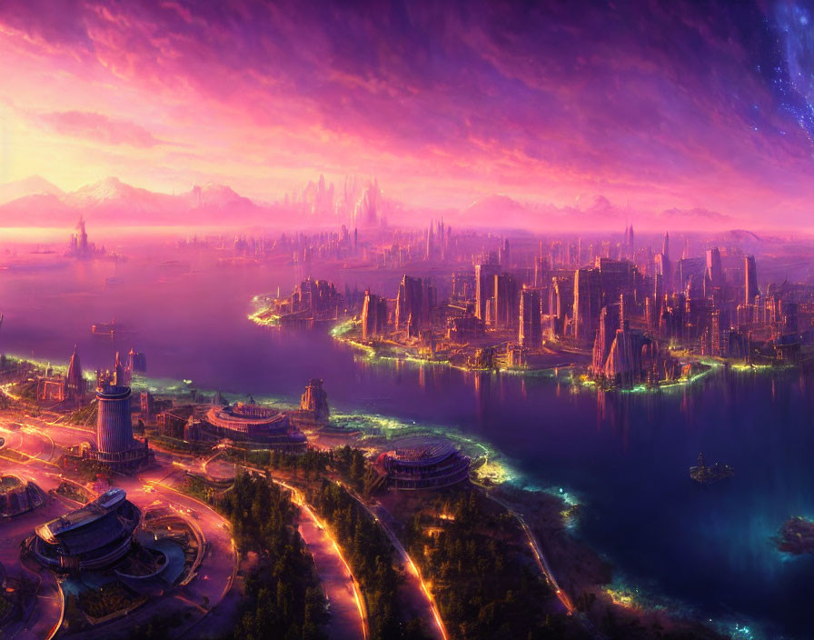 Futuristic cityscape at dusk with purple skies and illuminated buildings