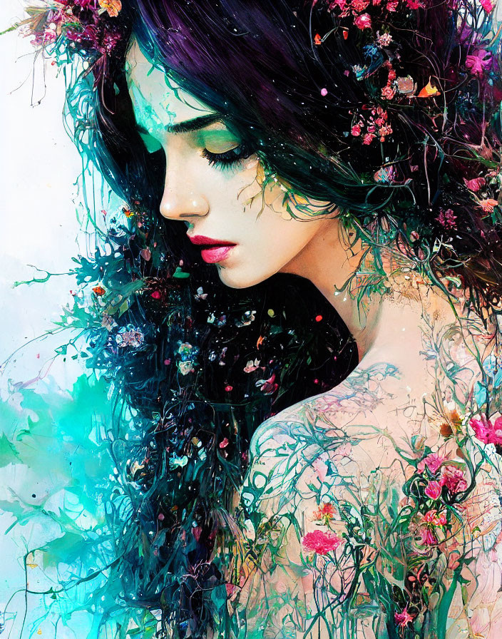 Vibrant portrait of a woman with floral hair against colorful backdrop