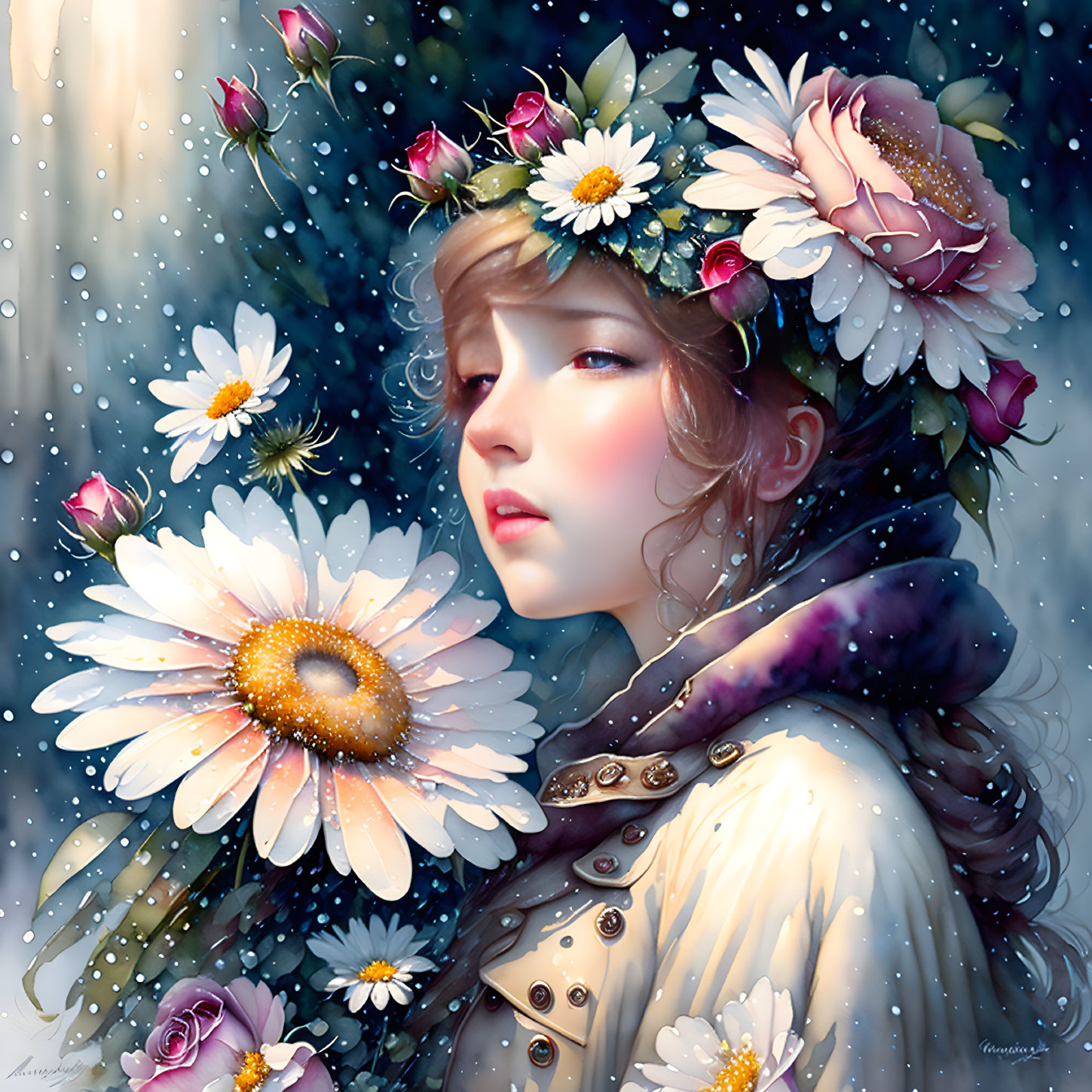 Young woman portrait with floral crown and snowflakes on wintry background