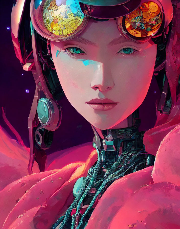 Digital portrait: person in futuristic helmet, intricate designs, pink and purple hues, starry backdrop