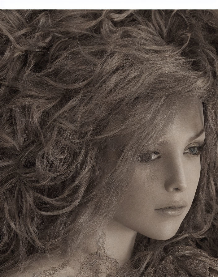 Sepia-Toned Close-Up of Person with Voluminous Hair and Calm Expression