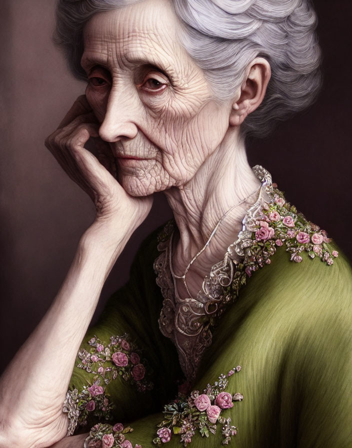 Elderly woman with gray hair and deep wrinkles in green garment