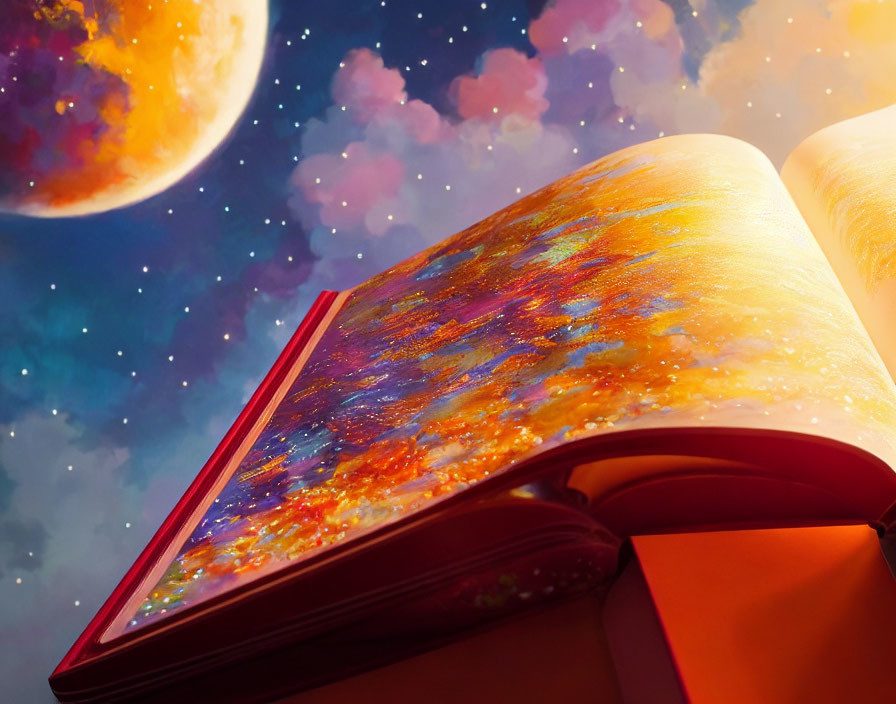 Colorful fantasy cosmic background with open book