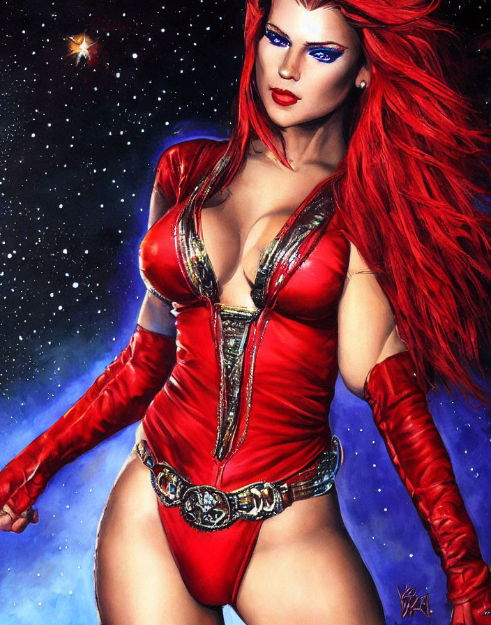 Colorful illustration of woman with red hair and blue eyes in space.