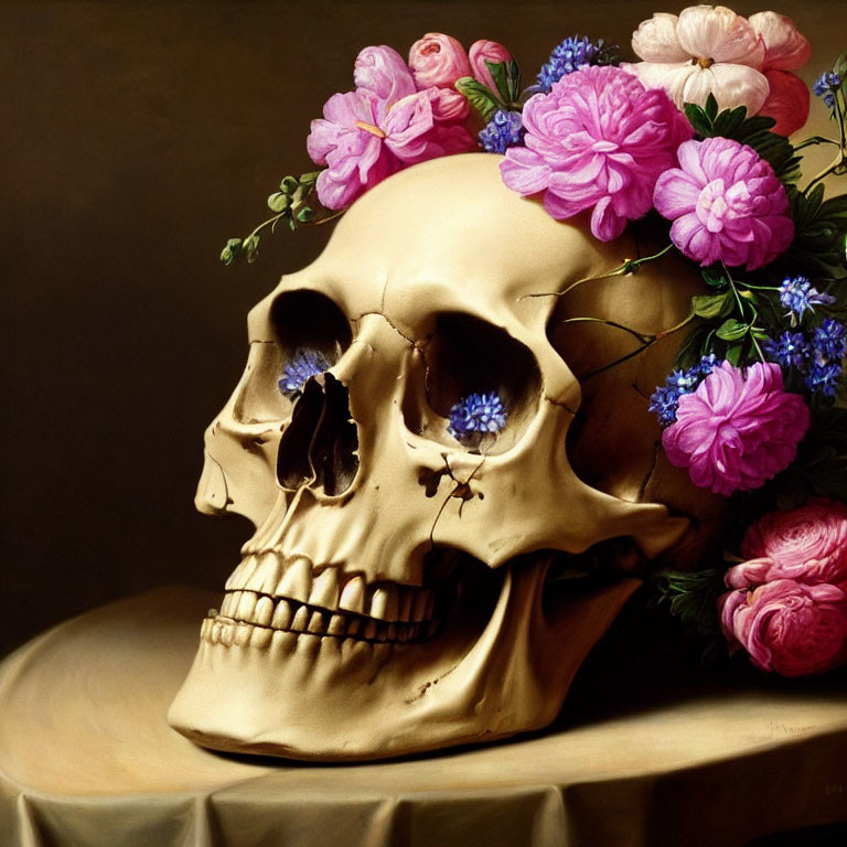 Colorful Roses and Peonies on Human Skull Against Dark Background