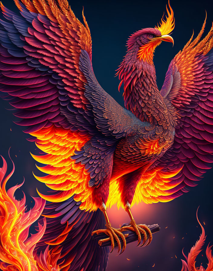 Colorful Phoenix Artwork with Fiery Wings and Flames on Dark Background