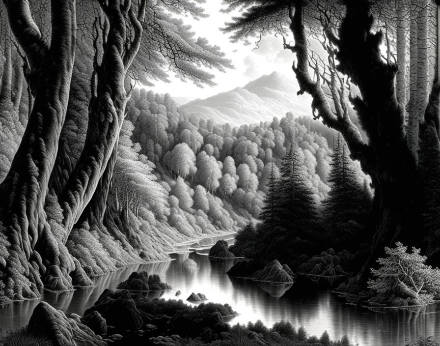 Serene monochrome forest river landscape with detailed trees and mountains