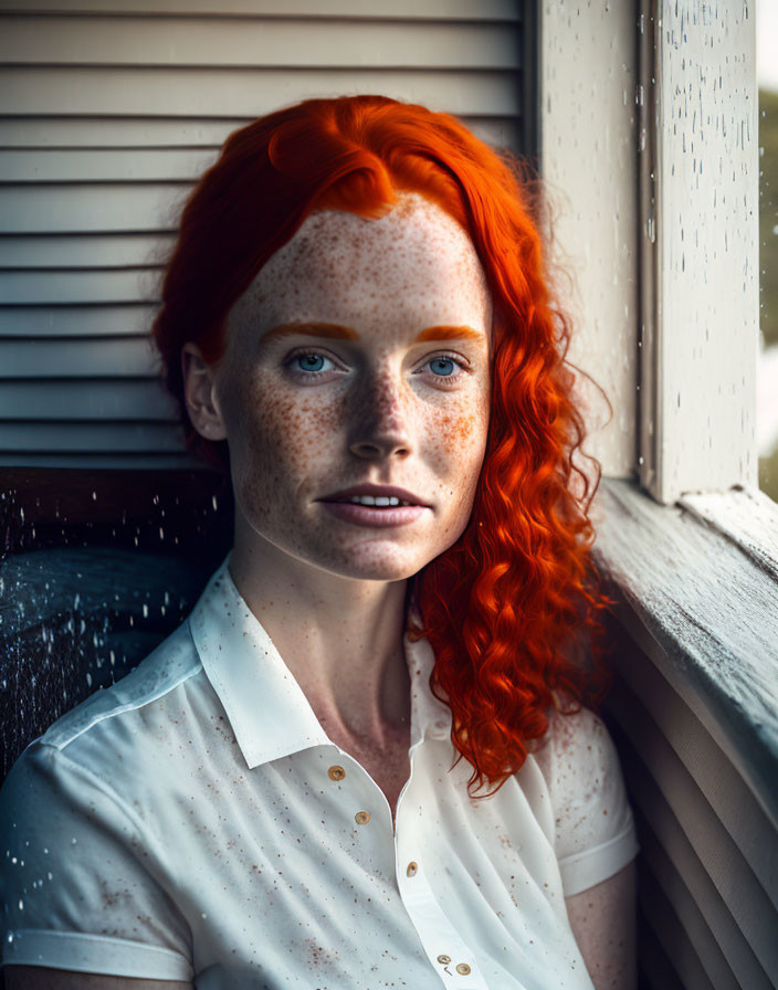 Red-haired woman with freckles in white shirt by rainy window gazes at camera.