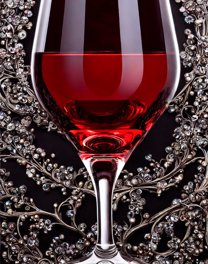 Red wine glass with ornate metal filigree background.