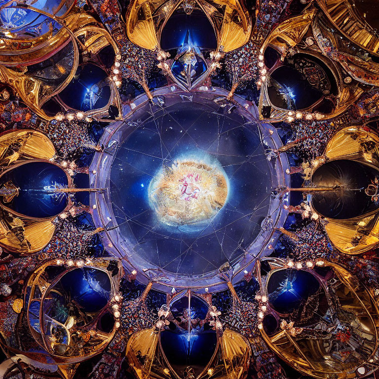 Fiery explosion surrounded by mirrored metallic structures in kaleidoscopic image