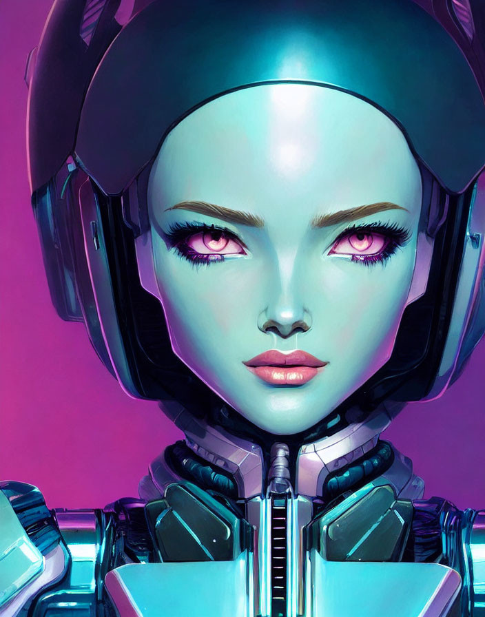 Female cyborg digital art portrait with futuristic helmet and pink eyes on pink background