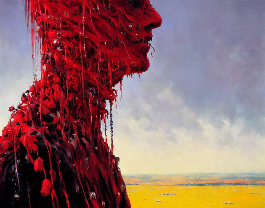 Colorful surrealist painting: Face melting into red textures on yellow landscape