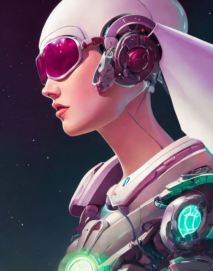 Futuristic female android in pink goggles and white headgear on starry background